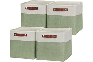 HNZIGE Fabric Cube Storage Baskets Bins Cube Baskets 11x11, Set of 4, Foldable Storage Cube Bin Baskets for Shelves with Handles, Bins for Cube Organizer Home Toy Nursery Closet Bedroom(Green White)