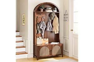 MXTXMY Hall Tree with Bench and Shoe Storage, 78.74" Entryway Storage Bench with 7 Hooks and 2 Adjustable Shelves,Arch Coat Rack Freestanding Retro Hall Tree Organizer for Hallway,Mud Room,Entryway (39.37"W)