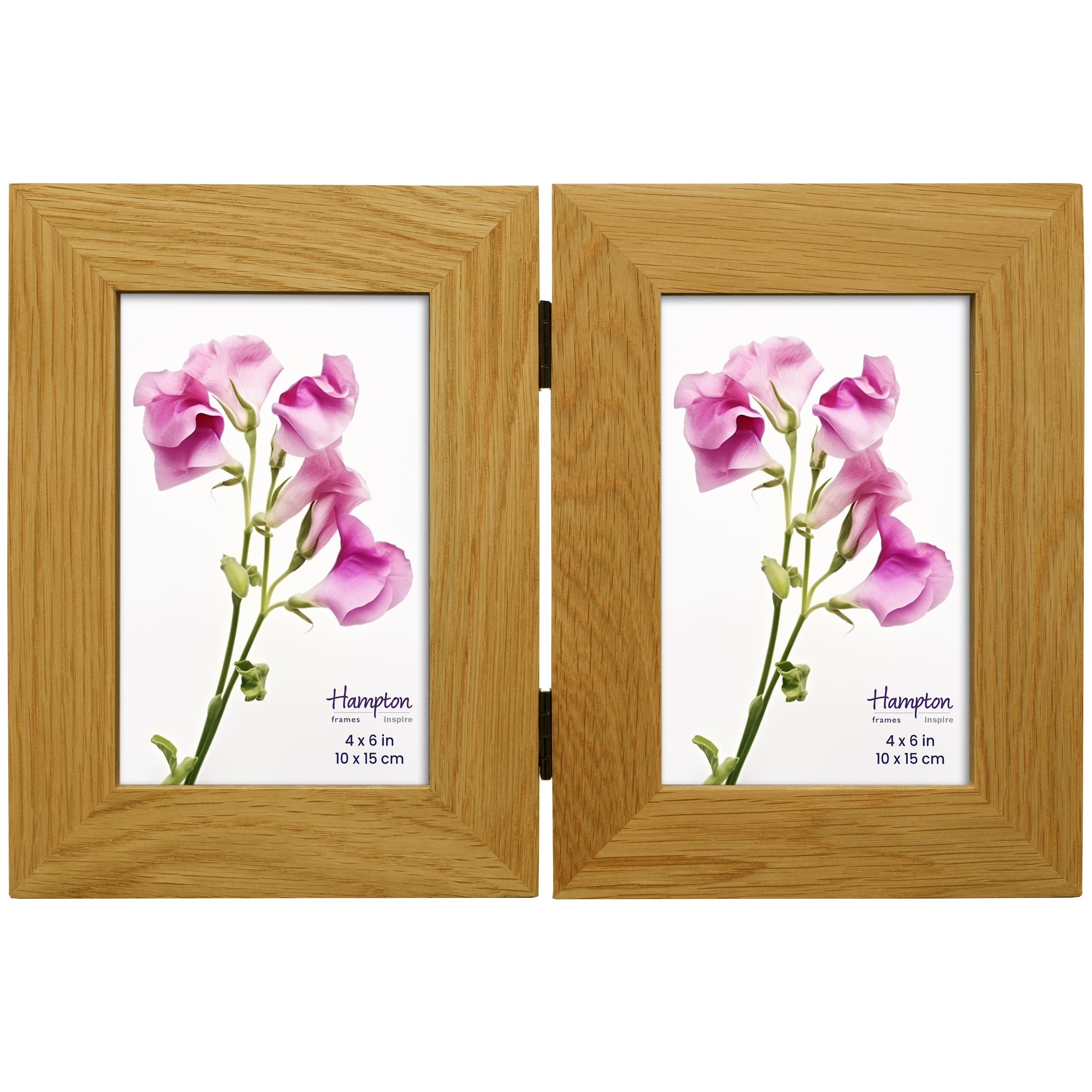 inspire by Hampton Frames | Hinged Double Photo Frame, 4x6 (10x15cm), Natural Oak, Polished Wood, Glass Front | Freestanding, Multi Aperture, Rectangular | Stylish Picture Display