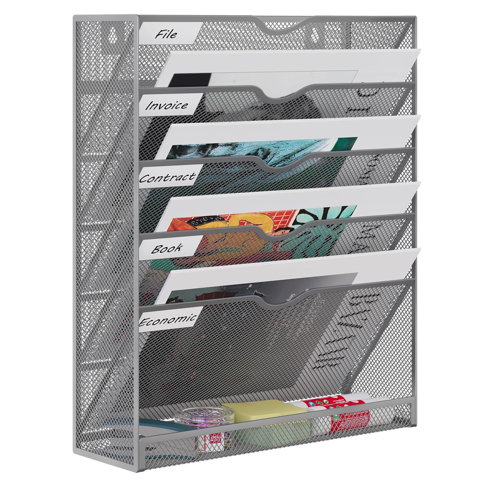 EasyPAG Metal 6 Tier A4 Wall Mounted Document Holder,Hanging Wall File Organiser,Pigeon Holes Storage,In Tray,Magazine Rack for Office & Home Upgrade,Silver