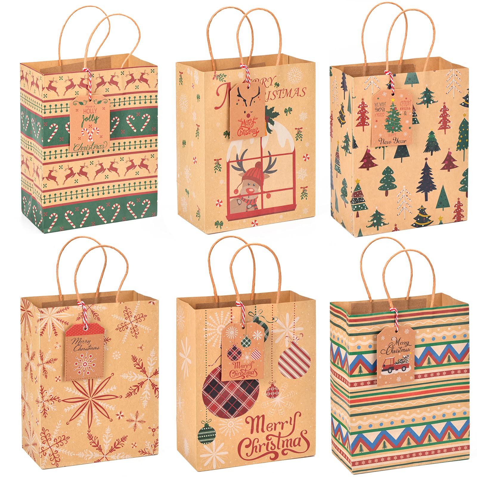 BTremary 24pcs Kraft Christmas Treat Gift Bags with Handles and Xmas Tags,Holiday Party Favor Gifts Bags,Goodies Paper Bags for Kids Xmas Gifts