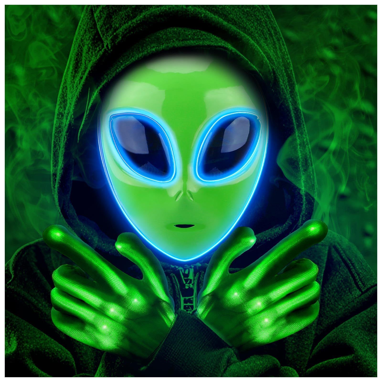 Tanganan LED Alien Mask for Adult,Halloween LED Light up Mask 3 Modes Lighted Face Mask for Festival Cosplay Halloween Costume (1pc+gloves)
