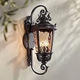 John Timberland Casa Marseille Vintage Outdoor Wall Light Fixture Veranda Bronze Scroll Frame 31" Champagne Hammered Glass fo