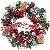 vivimemo 24-inch Christmas Wreath Merry Christmas Logo Front Door Wreath with Berries Candies Flashing Balls Gingerbread Men Red Holiday Party Decoration Door Fireplace Indoor Outdoor Decoration