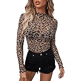 WDIRARA Women's Sheer Leopard Print Lettuce Trim Top Mock Neck Long Sleeve T Shirt Mesh Crop Tops