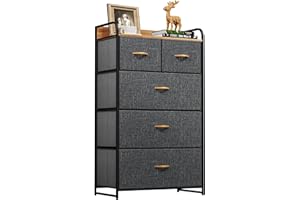 YITAHOME Fabric Dresser with 5 Drawers - Storage Tower with Large Capacity, Organizer Unit for Bedroom, Living Room & Closets - Sturdy Steel Frame, Wooden Top & Easy Pull Fabric Bins (Dark Grey)