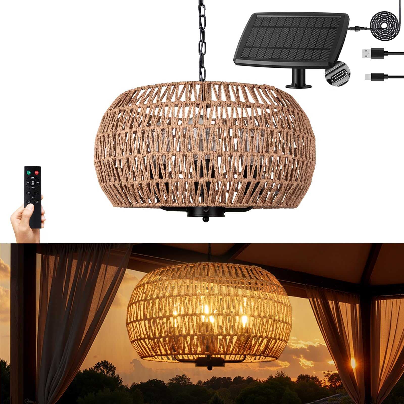 Photo 1 of ALL FORTUNE Outdoor Solar Chandelier, 4-Light 19" Rattan Outdoor Chandelier, Hanging Pendant Lights, Waterproof, for Gazebo, Pergola, Porch, Patio