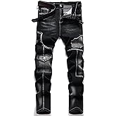 XIMXIMMTIAN Men's Biker Moto Washed Distressed Slim Fit Straight Jeans Denim