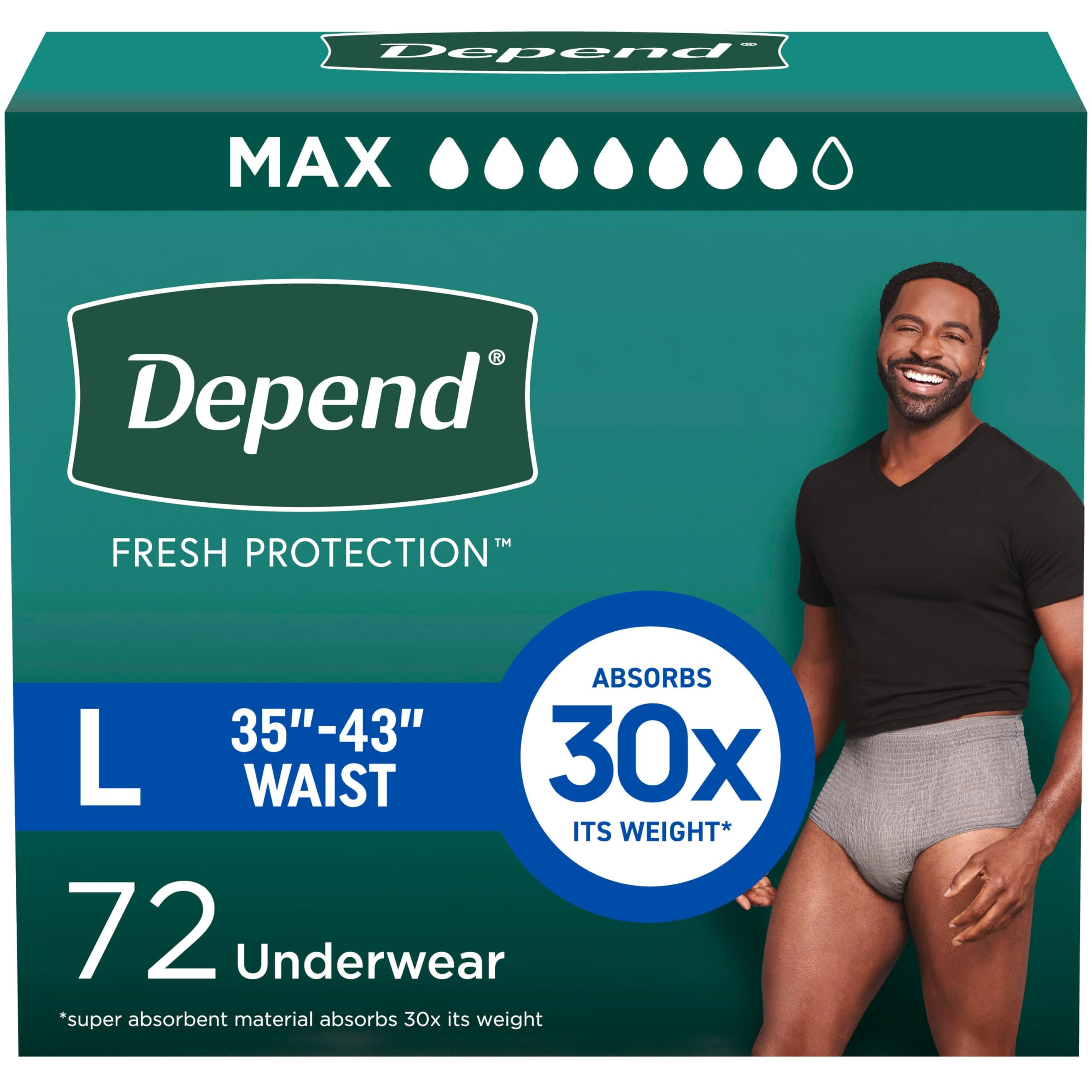 Photo 1 of ****PARTS ONLY*******Depend Fresh Protection Adult Incontinence Underwear for Men, Disposable, Maximum, Large, Grey, 72 Count (2 Packs of 36), Packaging May Vary