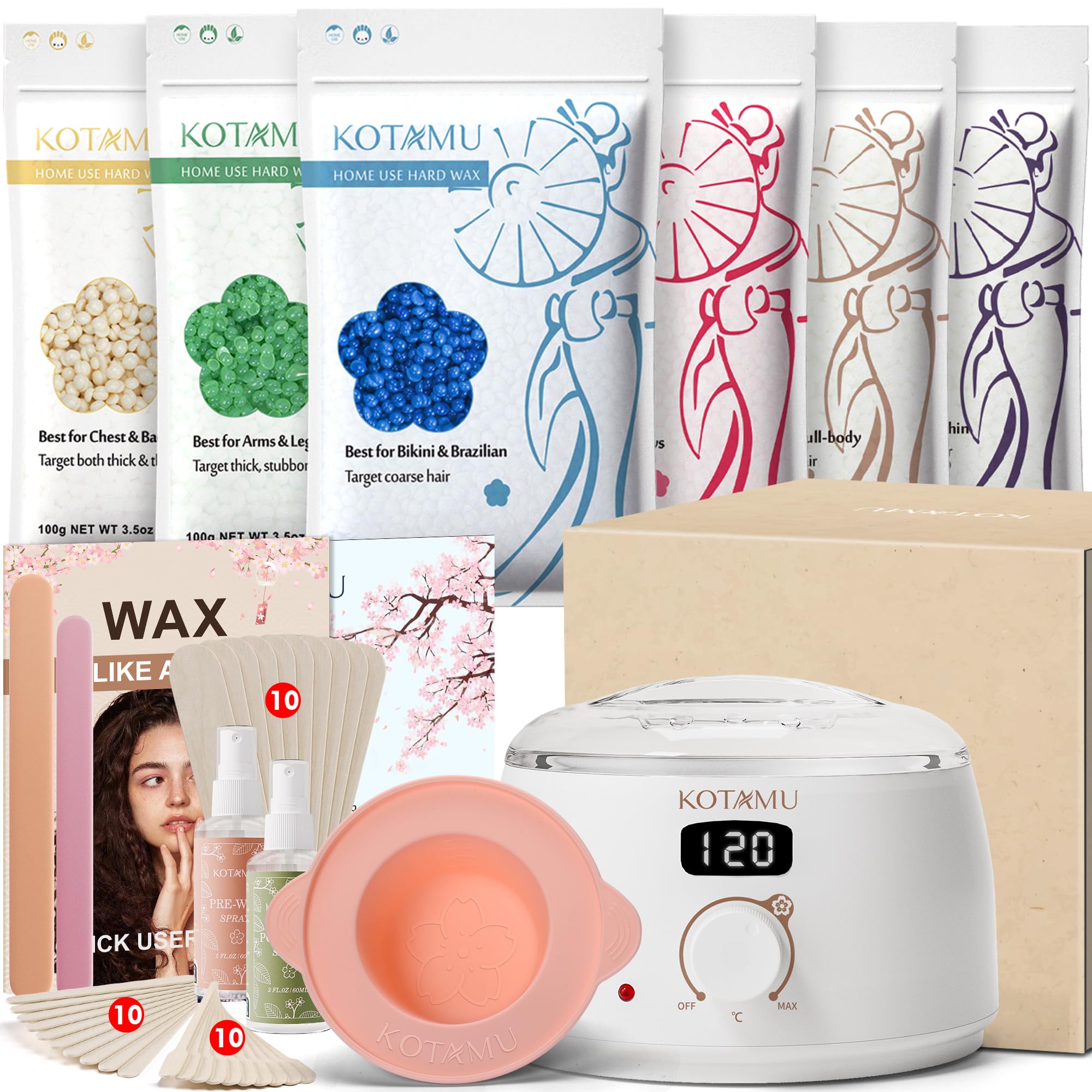 KOTAMU Waxing Kit for Women & Men, Professional Wax Kit for Hair Removal, Digital Wax Pot for Thick Coarse Fine Fuzzy Hair & Sensitive Skin, White Waxing Warmer with 44 Accessories for Home Salon Use