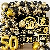 50th Birthday Party Decorations Set Black and Gold 50 Years Old Party Supplies for Men with Balloons Garland, Backdrop, Table Cloth, Foil Balloons and 50th Decorations Boxes