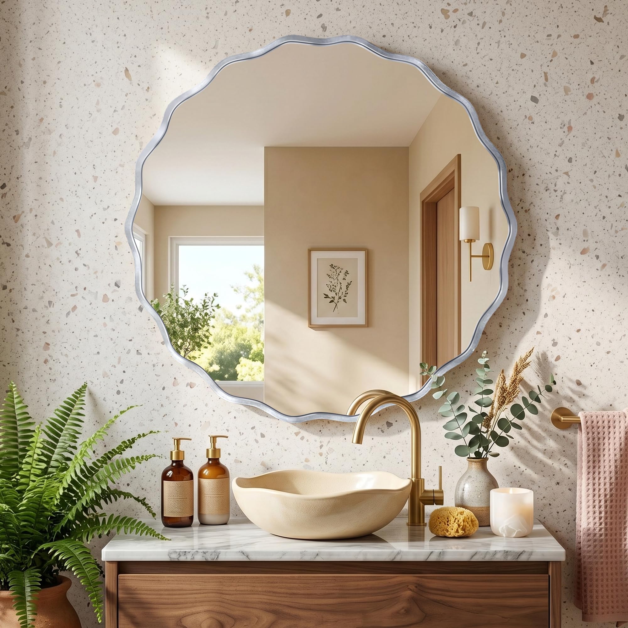Fahomiss Wavy Runder Wandspiegel mit gebürstetem Aluminiumrahmen & gehärtetem Sicherheitsglas für Badezimmer, Flur & Wohnzimmer 7