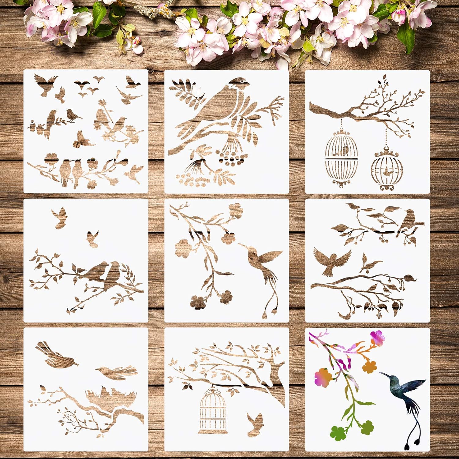 Amazon Com 8 Pieces Birds Stencils Bird Tree Branches Stencil Flying Bird Painting Template Stencil Bird Flower Leaf Drawing Reusable Stencil For Paint Craft Wall Diy Nature Home Decor Wood Sign 9