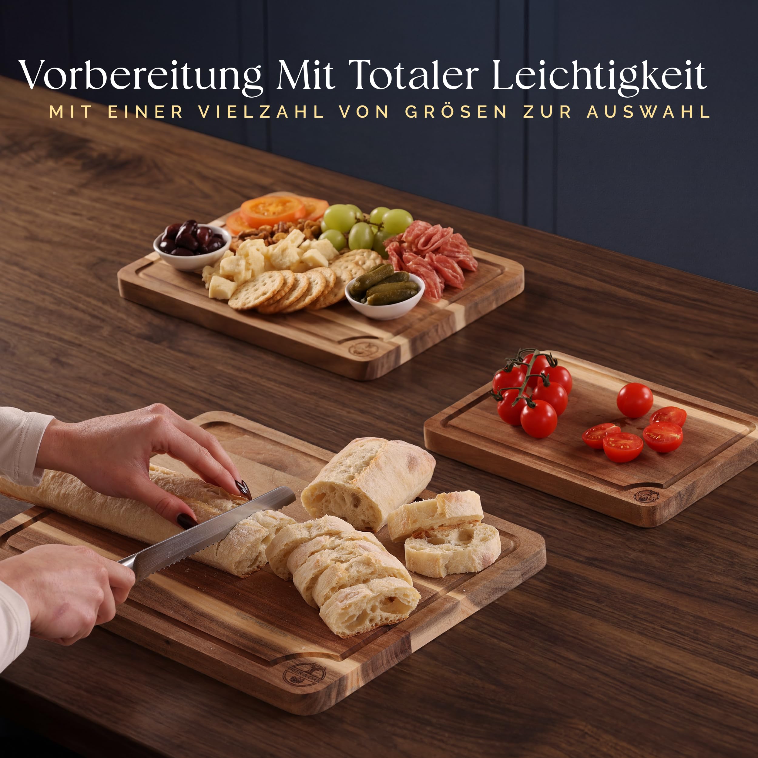 Deer & Oak 3-teiliges Akazien-Schneidebrett-Set mit Ständer, inklusive 250 ml Schneidebrettöl, FSC-zertifizierte, vorgeölte Schneidebretter aus Holz für Küchen, Hartholz-Küchenschneidebretter für 3
