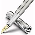 BEILUNER Luxury Fountain Pen Set, Solid 24K Gilded Medium Nib, Silver Stainless Steel Body- Includes 6 Ink Cartridges & Ink Refill Converter with Gift Case - Nice pen for Men and Women