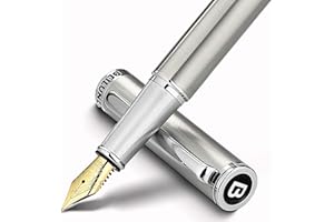 BEILUNER Luxury Fountain Pen Set, Solid 24K Gilded Medium Nib, Silver Stainless Steel Body- Includes 6 Ink Cartridges & Ink Refill Converter with Gift Case - Nice pen for Men and Women