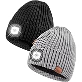 Beanie with Light for Men 2 Pack, Hat with Light Built in Rechargeable Winter Warm Knitted Headlamp Caps, Gift for Men Dads Husband Led Beanie Hats with Light(Black&Light Gray)