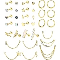 Flat Back Studs Finrezio 33Pcs Cartilage Earrings Set - 20G Surgical Steel Helix Studs, Hoops & Chain Dangles Silver Conch Tragus Piercing