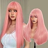 Twobla 26 Inch Pink Wig with Bangs | Long Pink Layered Wig for Women | Realistic Scalp, Freestyle Parting | Heat Resistant, Wear & Go, No Glue Needed | Straight Synthetic Wigs for Cosplay & Daily Use