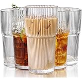 WeirdUncle Set of 6 Oversize Ribbed Glassware, 20oz Vintage Clear Glass Tumbler, Large capacity, Origami Style, Fluted Design, Ideal for Water, Iced Coffee, Beer, Tea, Latte, Housewarming Gift (Large)
