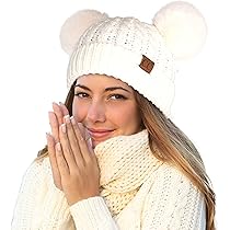 C.C 2 Ear Pom Pom Cable Knit Soft Stretch Cuff Skully Beanie