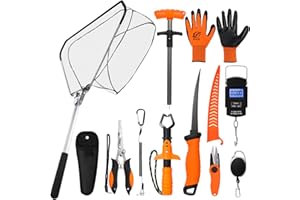 RoundFunny 10 Pcs Fishing Tool Kit, Fishing Pliers with Lanyard and Protective Sheaths, Landing Net, Fillet Knife, Fish Scale, Gripper, Hook Remover, Braid Scissors, Gloves for Fishmen Gifts