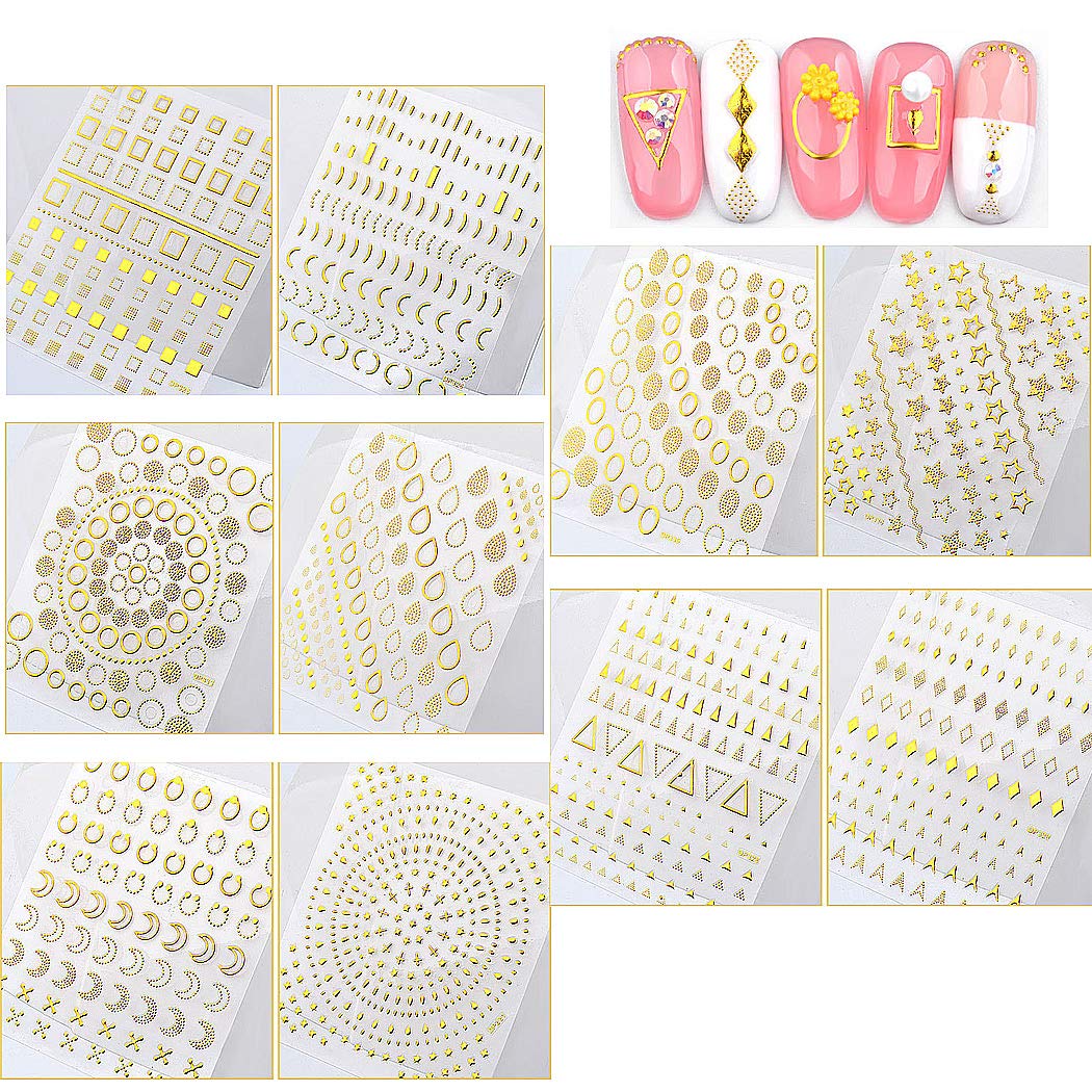 SIPLIV Metallic 3D Heart Moon Star Water Drops Shapes Nail Stencil Stickers DIY Nail Art Nail Accessories 10 Sheets