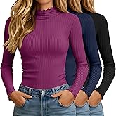 Oakgarden 3 Pack Women's Turtleneck Cotton Shirts, Long Sleeve Ribbed Lettuce Trim Mock Neck Slim Fit Tops Soft Base Layer