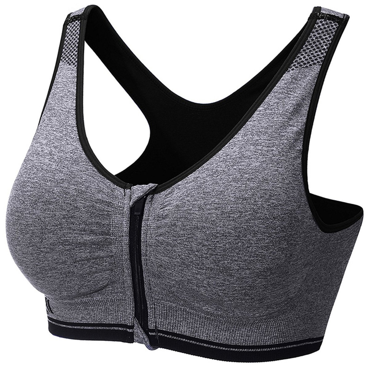 BLDF Women's Zip Front Sports Bra Push Up Racerback High Impact Wirefree Gym Bra UK (34B 34C 34D, Grey Black)