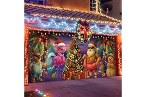 Preboun Christmas Beach Garage Door Banner Cover 7 x 16 ft Hawaii Santa Flamingo Tropical Palm Tree Snowman Elk Outdoor Hanging Garage Door Covers for Xmas Eve Holiday Outdoor Wall Decor