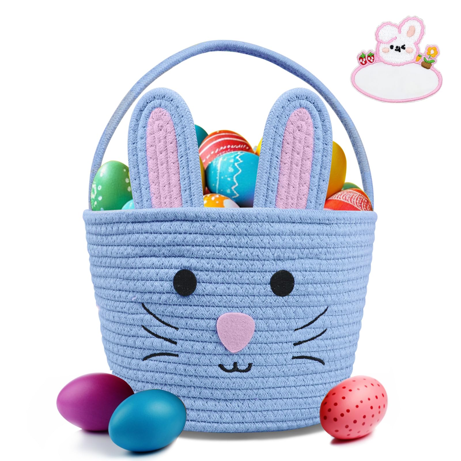 Brbecon Easter Bunny Basket for Kids with Name Tag, Blue Small Woven Easter Basket for Girls, Easter Egg Hunt Baskets Bags Easter Gifts Basket for Girls Baby Kids Children 9.8 x 7.8 x 7.8