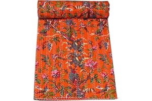 Marubhumi Indian Handmade Stitched Pure Cotton Bohemian Bird Print Kantha Quilt (Orange, Queen (90"x 108"))