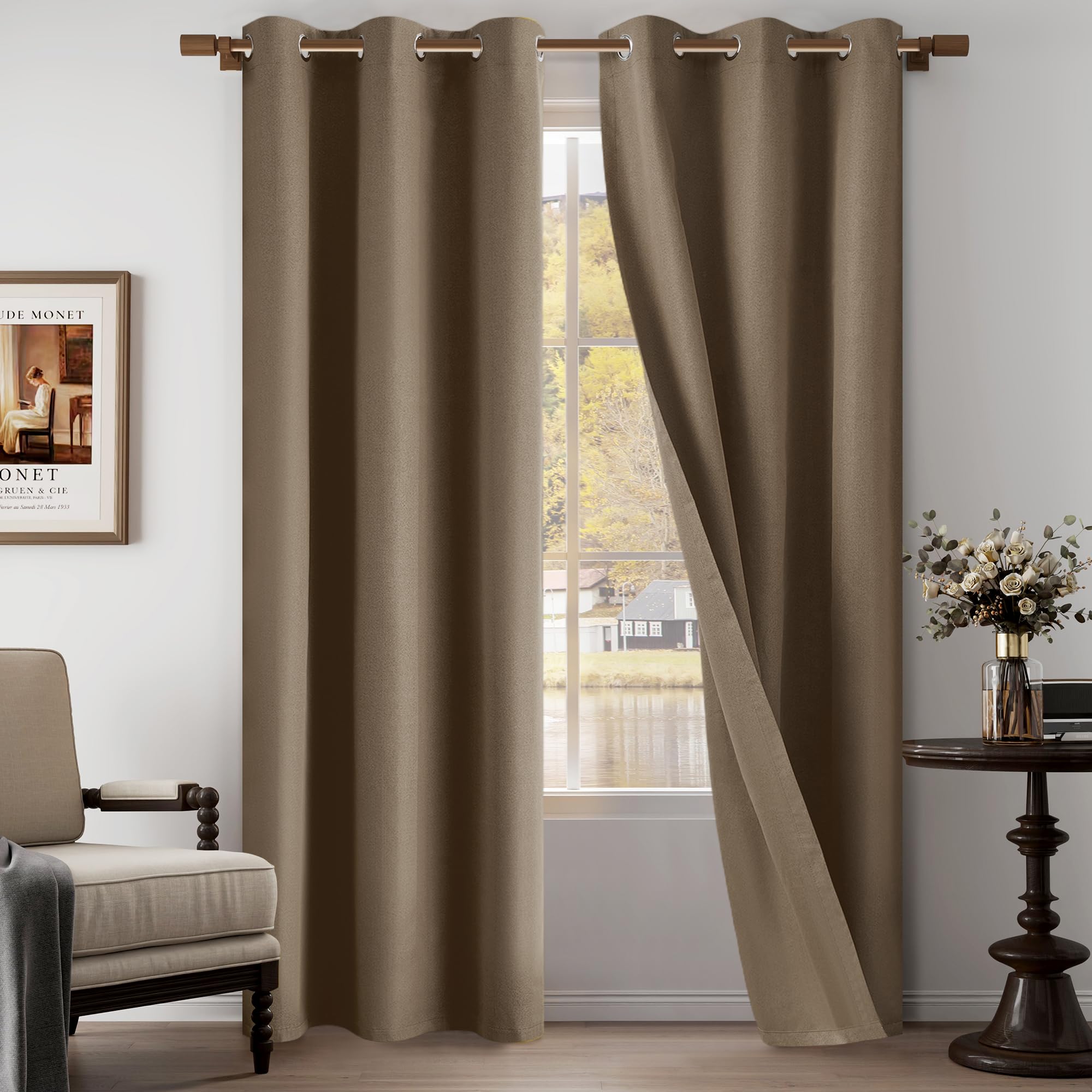 Photo 1 of 100% Blackout Linen Textured Curtains 84 Inch Length 2 Panels Set for Living Room, Bedroom, Full Blackout Curtains with Grommets Top, Blackout Curtains Privacy Protection, Brown, 37" W x 84" L