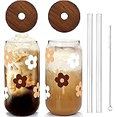 Glass Cups with Lids and Straws, Can Shaped Glass Cups, 20OZ Glass Cups, Drinking Glasses, Iced Coffee Glasses Cup, Smoothie Cups, Tumbler Glass, Reusable Iced Coffee Cup Drinking Glasses -Set of 2