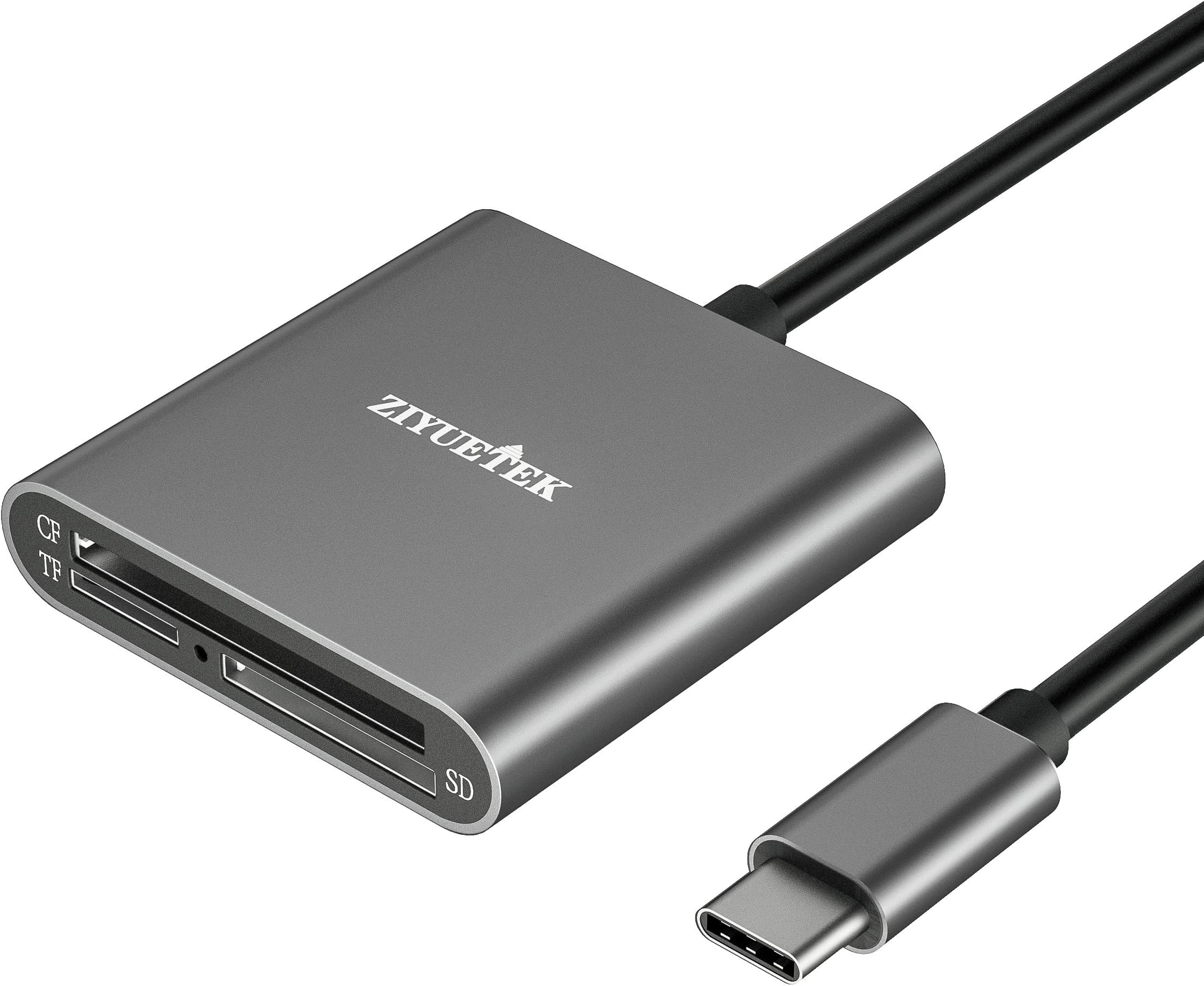 SD Card Reader, ZIYUETEK 3 in 1 CF/Micro SD/SD Card Adapter Aluminum Thunderbolt3 Compatible for MacBook, iPad Pro, Samsung Galaxy Camera,Android,Surface Book 2 (Type C Grey)