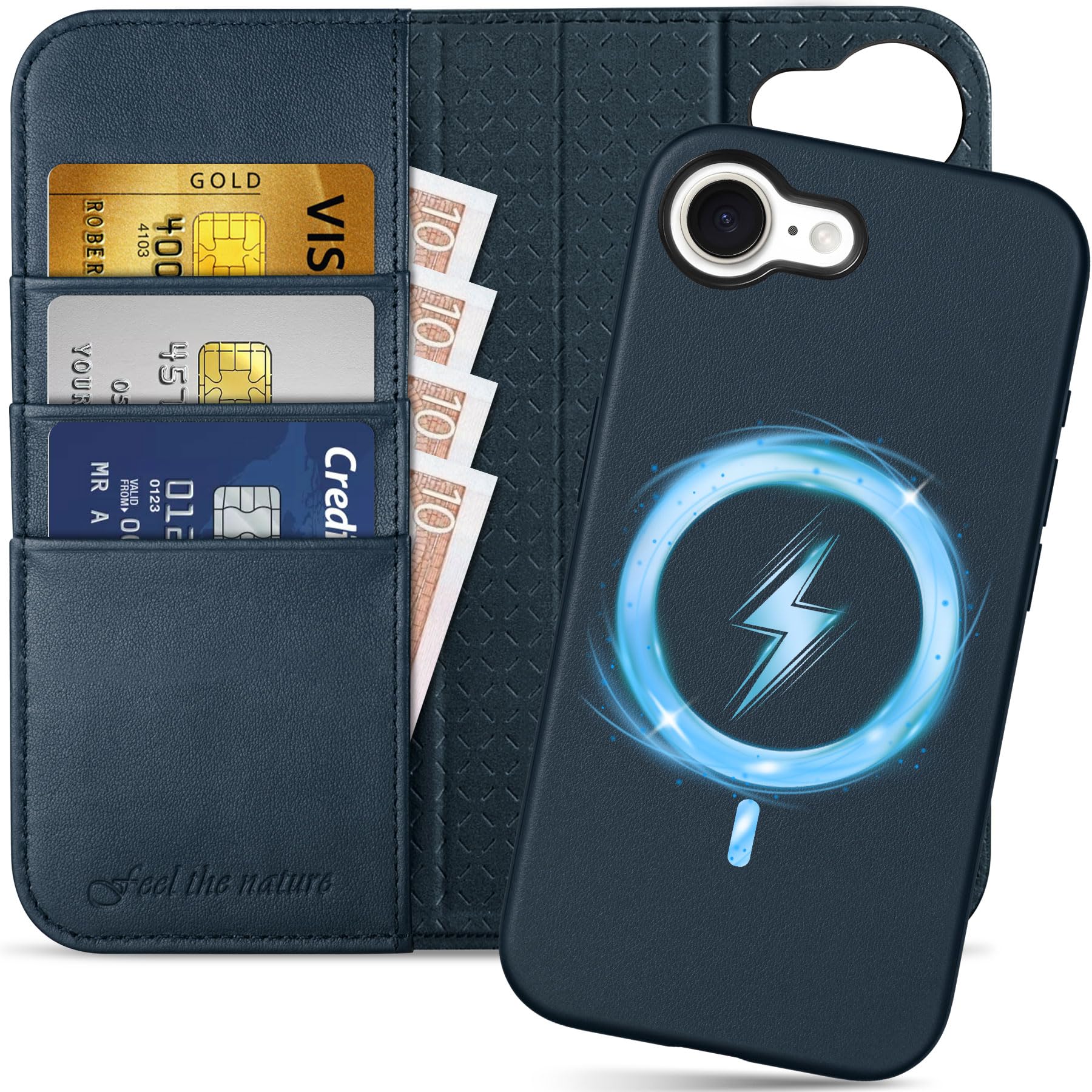 Photo 1 of SHIELDON Case for iPhone 16e 2025, Genuine Leather Detachable 2 in 1 Wallet Wireless Charging Kickstand RFID Blocking Card Holder Magnetic Protective Case Compatible with iPhone 16e - Nappa Navy Blue