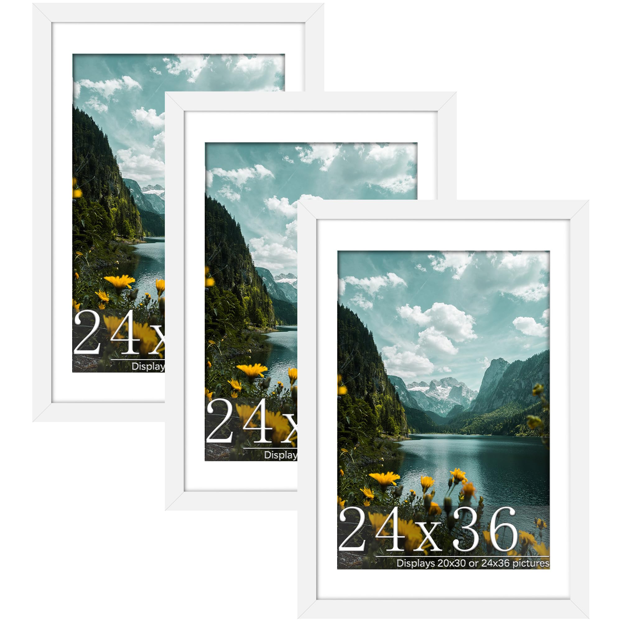 Photo 1 of Picrit 24x36 Picture Frame 3 Pack, White Poster Frame, Display Poster 20 x 30 with Mat or 24 x 36 without Mat for Horizontal or Vertical Wall Mounting