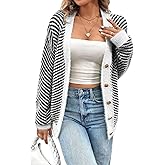 Pink Queen Women's Fuzzy Sweater Cardigans V Neck Long Sleeve Button Down Open Front Stripe Color Block Cardigan Outerwear