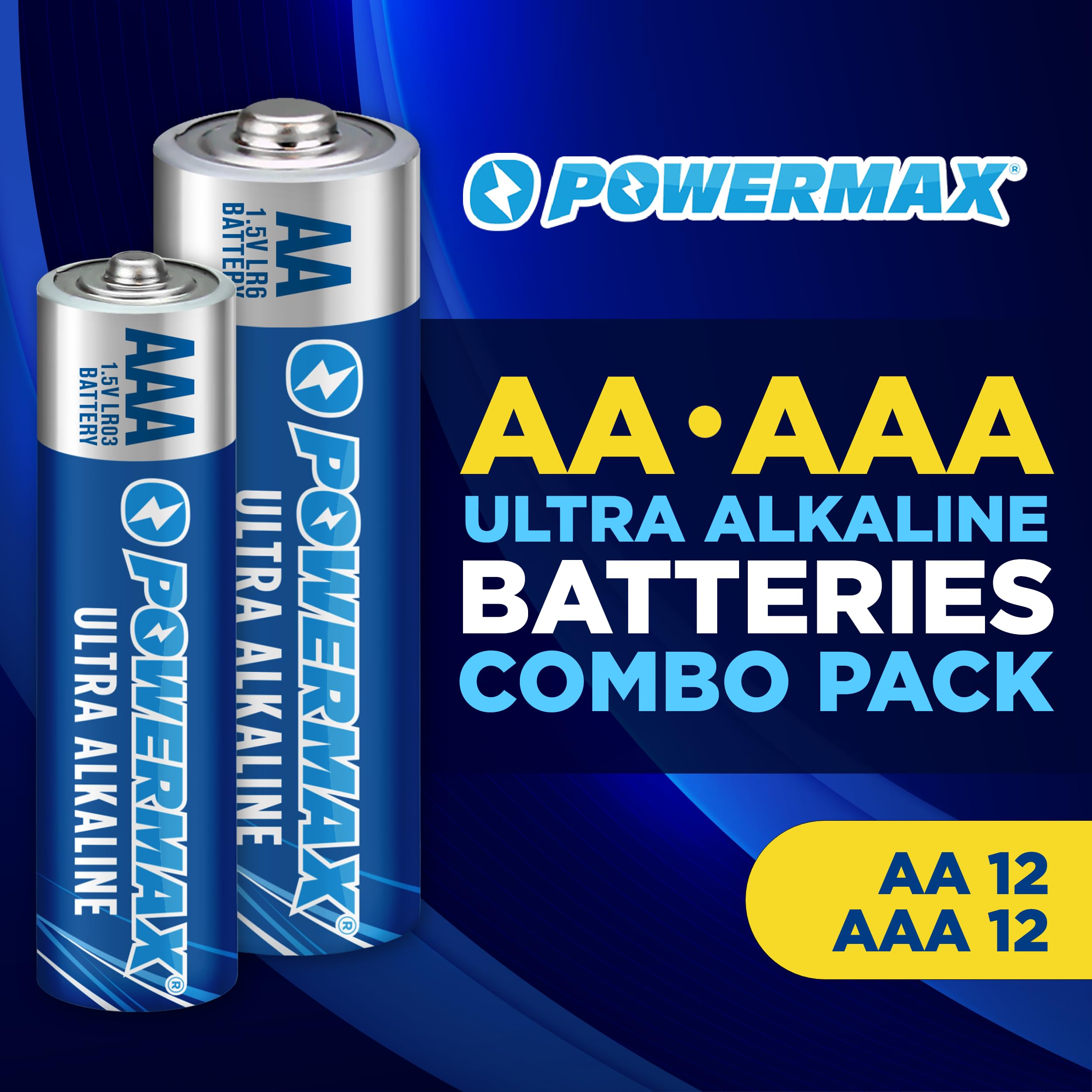 Powermax Alkaline Batteries 24-Count Combo Pack, (12 Double AA, 12 Triple AAA), Ultra Long Lasting Battery for Home and Office, 10-Year Shelf Life, Reclosable Packaging