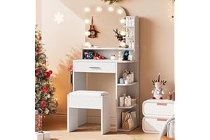 wanan Makeup Vanity with Chair, Small Vanity Desk with Mirror and Lights 3 Colors, Girls Vanity Set with Power Outlet, Compact Vanity Table for Small Space, White