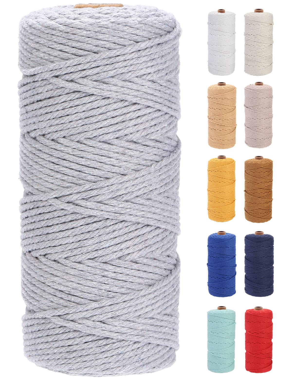 GOHOF Cotton Macrame Cord 3mm 100m Natural Colored Macrame Supplies, Soft Craft Cotton Rope for Plant Hanger Wall Hanger Dreamcatcher(Light Grey)