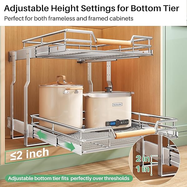 PULL OUT CABINET ORGANIZER, 2 TIERS 23″W X 21″D, HEAVY DUTY SMOOTH SLIDING UNDER CABINET SHELVES FOR POTS AND PANS, FULL-EXTENSION ROLL OUT DRAWERS, SLIDE OUT ORGANIZATION FOR HOME KITCHEN PANTRY
