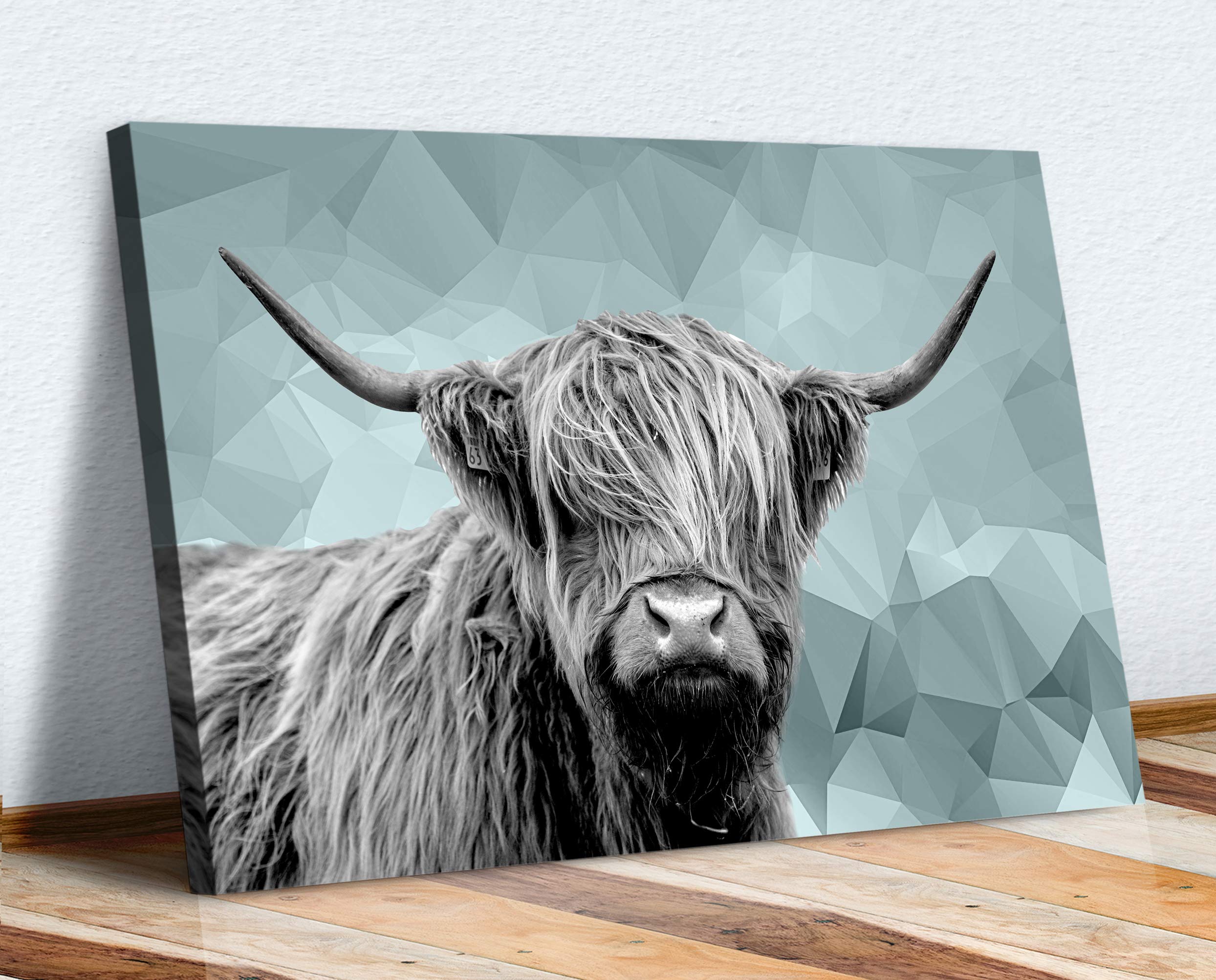 HIGHLAND COW DUCK EGG BLUE GREY GEOMETRIC BACKGROUND CANVAS WALL ART PRINT ARTWORK (24in x 16in / 60cm x 40cm)