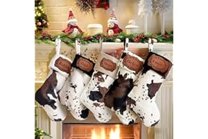 Personalized Western Cowboy Cow Print Christmas Stocking, Farmhouse Style Christmas Stockings, With Name Leather Patch, Firep