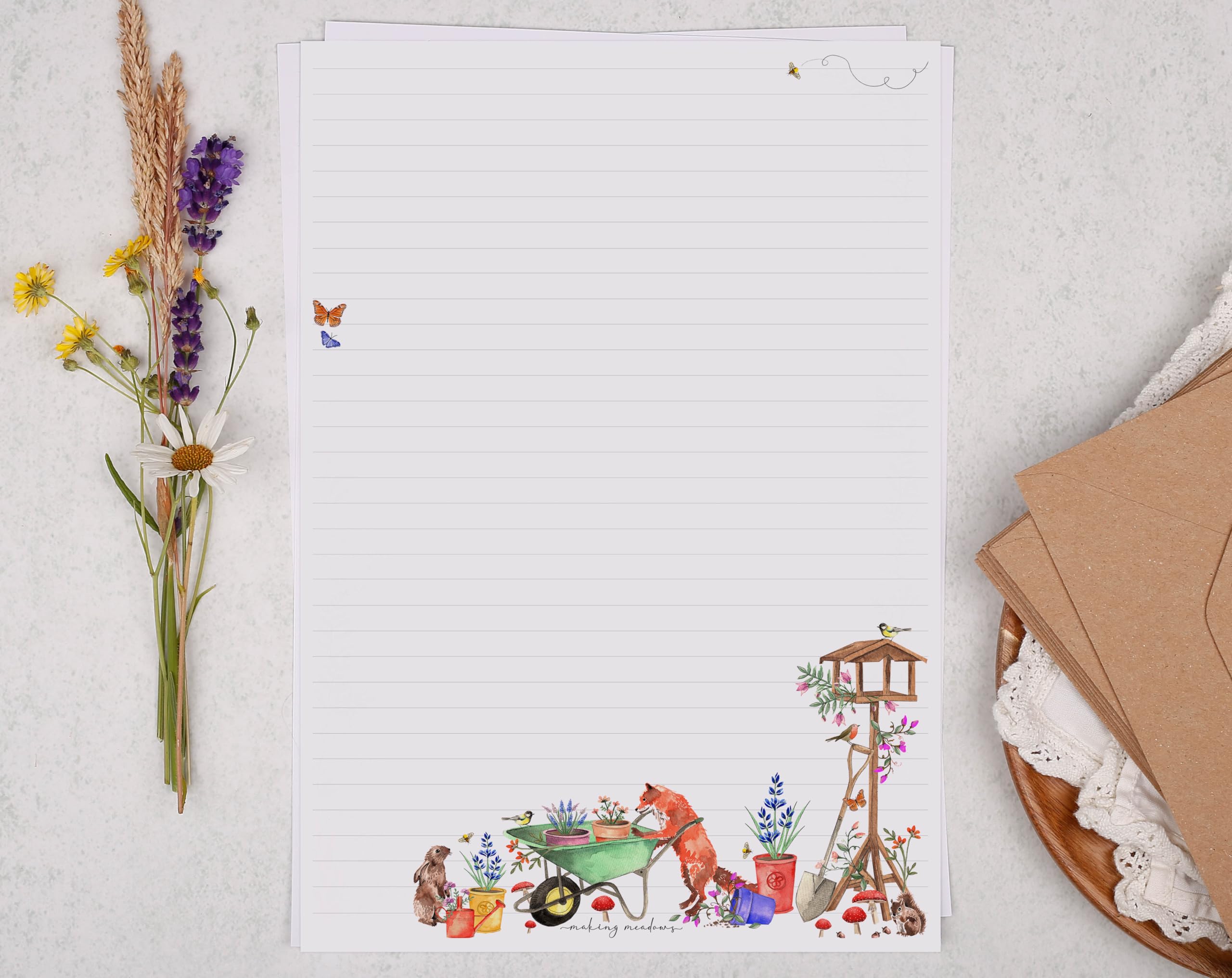 Making Meadows A4 Luxury Writing Paper Set Fox Gardening Design (20 Sheets & 10 Envelopes), Perfect for Letter Writing, Lined Writing Paper and Envelopes
