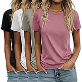 Ficerd 4 Pack Women's Cotton T Shirts Casual Short Sleeve Tunic Tops Crewneck Plain Summer Loose Fit Rolled Sleeve Basic Tee