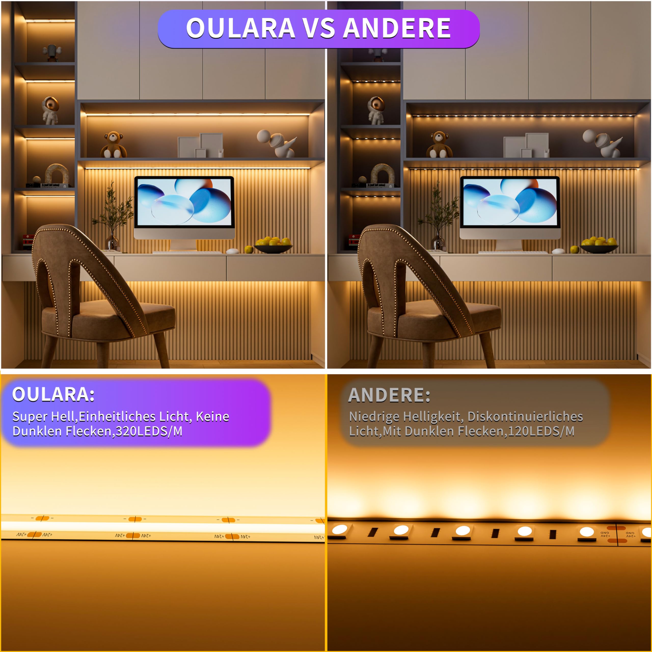 OULARA LED Streifen Strip 10M 2700K,Dimmbar Warmweiss 24V LED Band set mit RF Fernbedienung und Netzteil,CRI90+ Hell Unterbauleuchte für Home DIY Dekoration,Timerfunktion 4