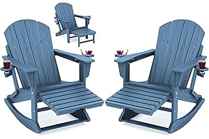 KINGYES Adirondack Rocking Chair Set of 2 with Retractable Ottoman and Cup Holders, HDPE Adirondack Rocker Patio Rocking Chair for Porch, Patio, Balcony, Deep Blue