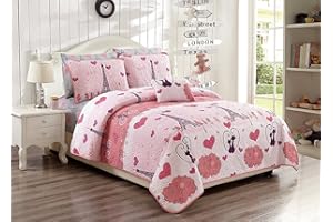 ELEGANT HOME DECOR Elegant Home Paris Eiffel Tower Bonjour Design Multicolors Pink White Fun Printed Cozy Colorful 3 Piece Quilt Bedspread Set with Decorative Pillow for Kids/Girls # Paris (Twin/Twin XL Size)