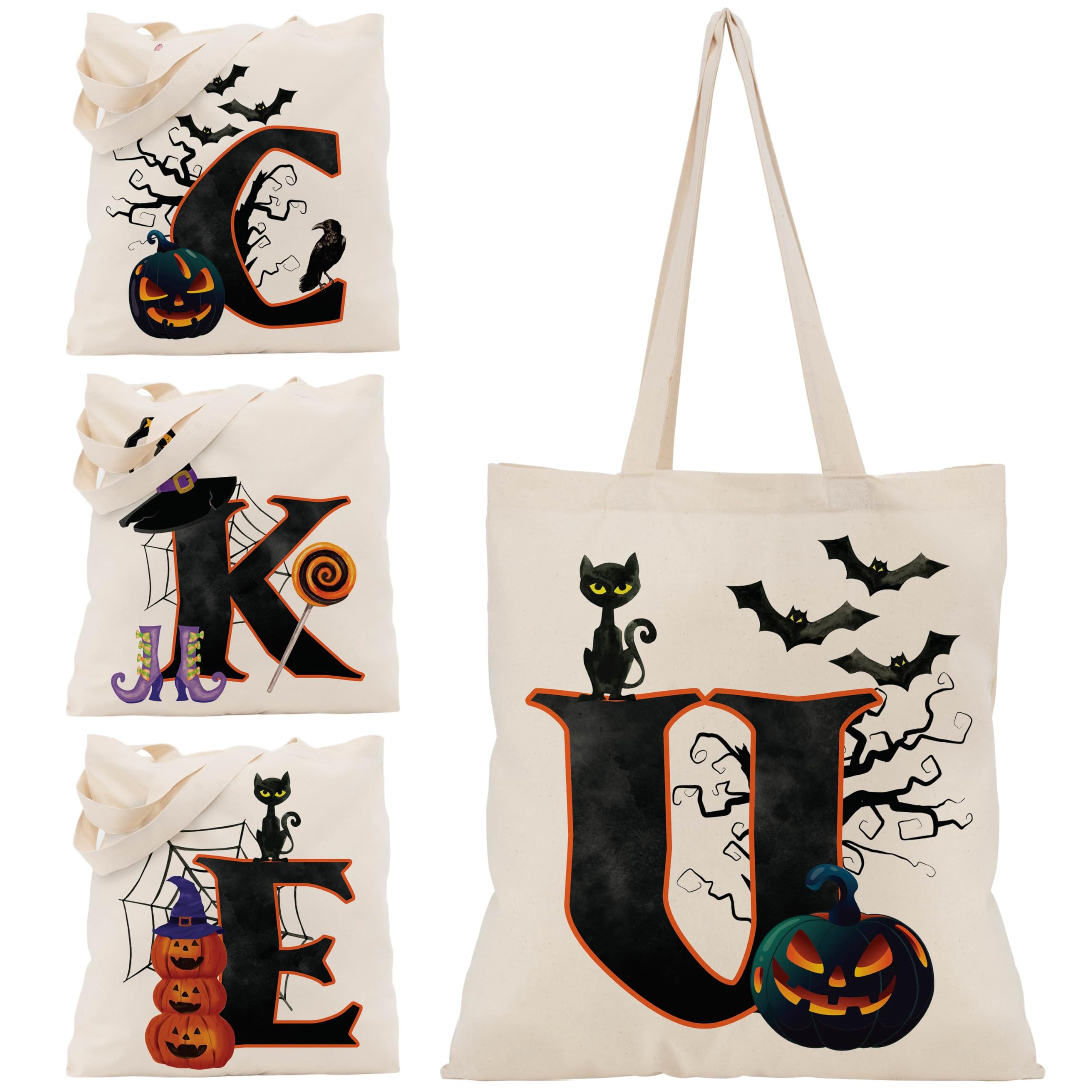 Halloween Initial Tote Bags Gifts for Girl Boy - 15"x16" Personalised Trick or Treat Bag Pumpkin Party Canvas Shoulder Bag C1 (Initial #U)